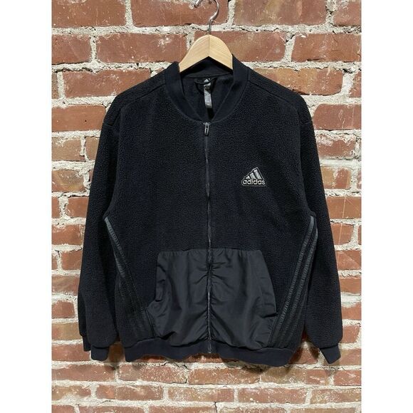 Adidas Men's Fleece Sherpa Full Zip Jacket Logo Pockets Black Size L - Picture 1 of 4